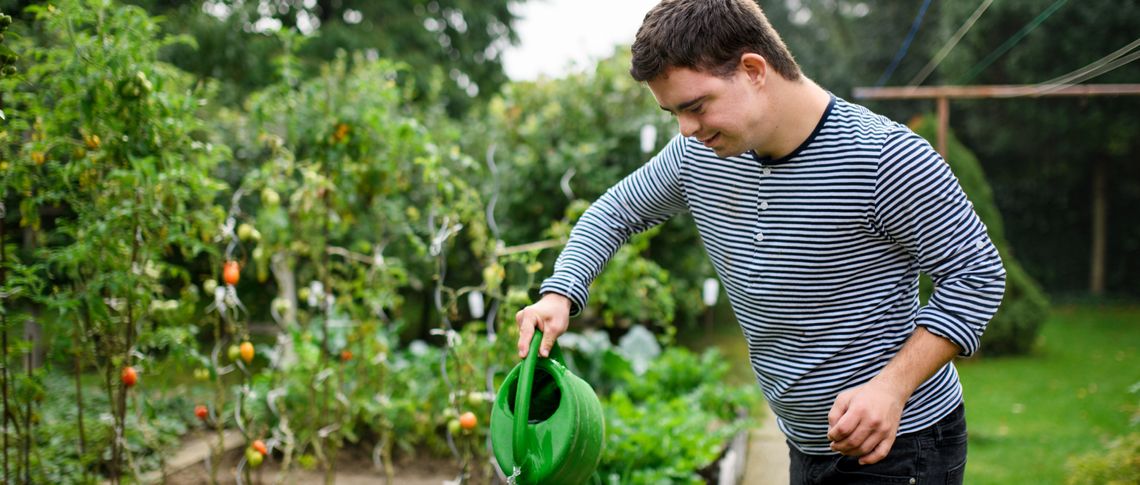 Young man watering plants